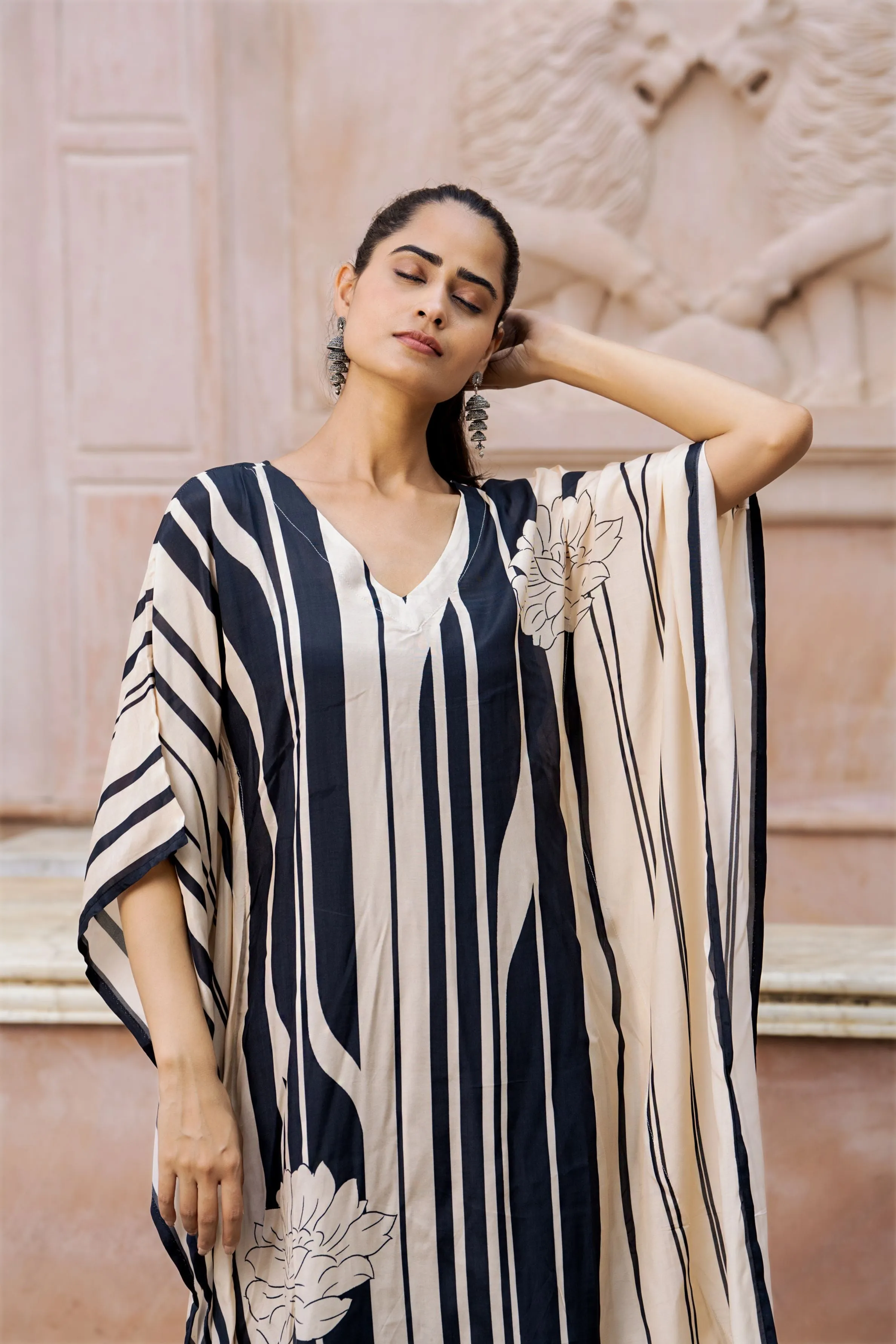 Black Striped Muslin Silk Kaftan Set