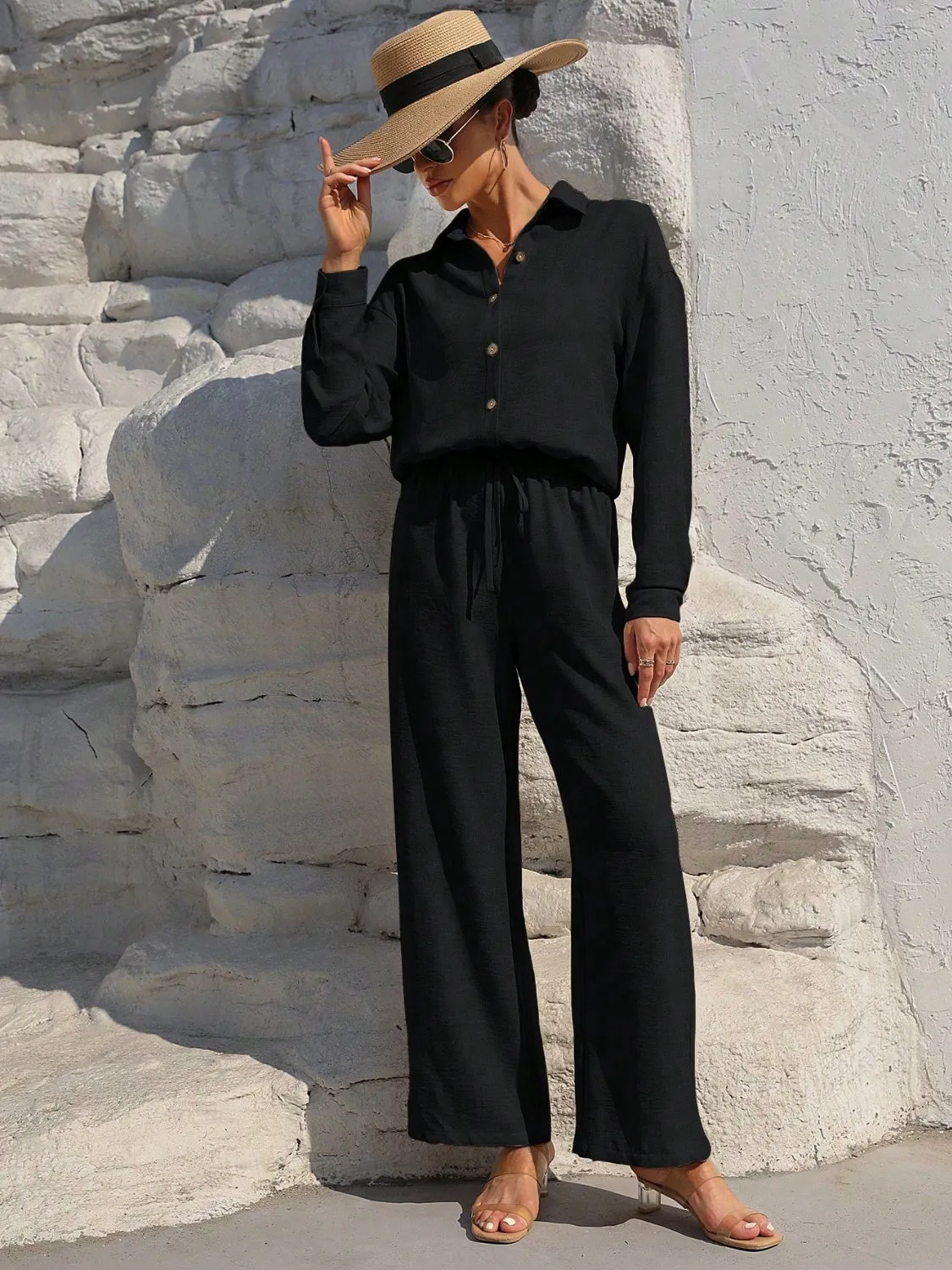 Button Up Long Sleeve Top and Pants Set