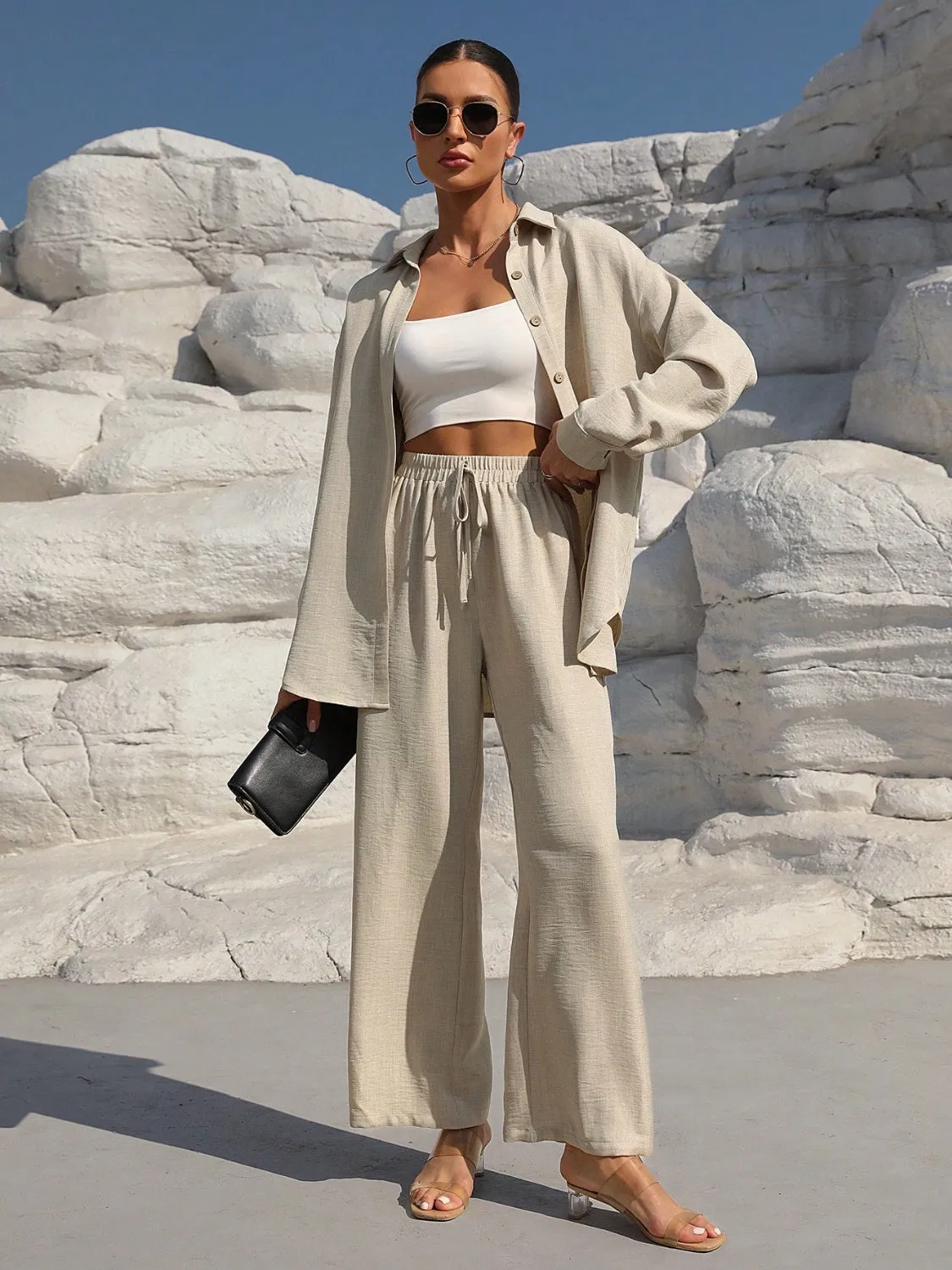 Button Up Long Sleeve Top and Pants Set