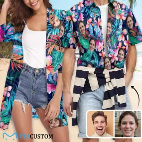 Couple Hawaiian Shirt Cover Up Set Flower Leaf Custom Face My Lover Hawaiian Shirt&Cover Up