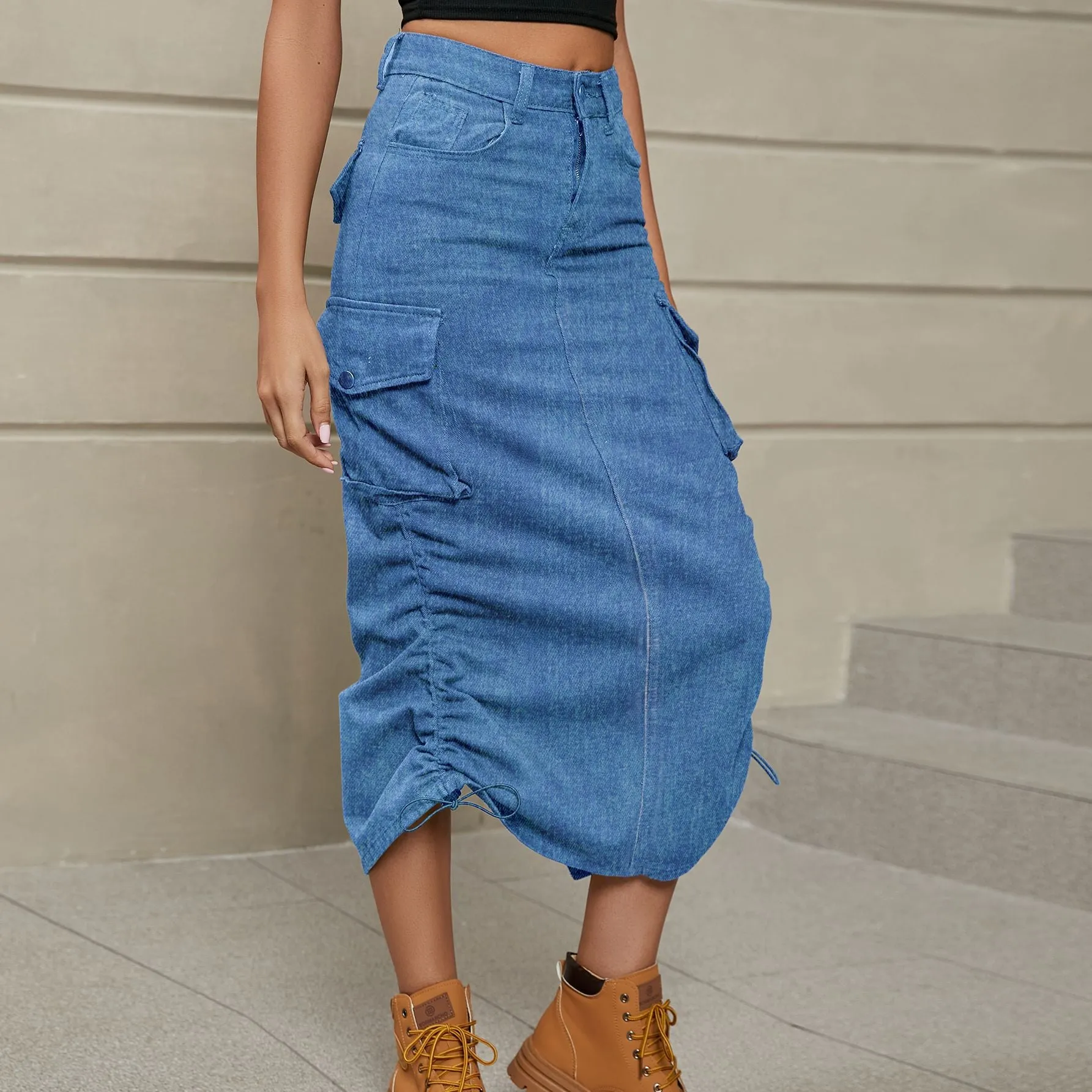 Drawstring Ruched Slit Denim Midi Skirt