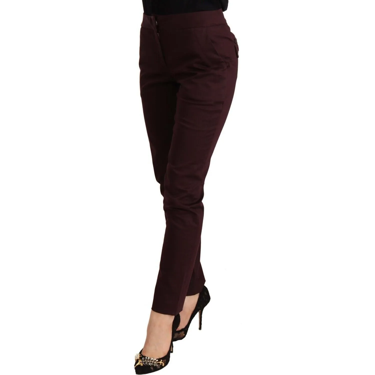 Just Cavalli Maroon Slim Fit Skinny Pants with Zipper Detail