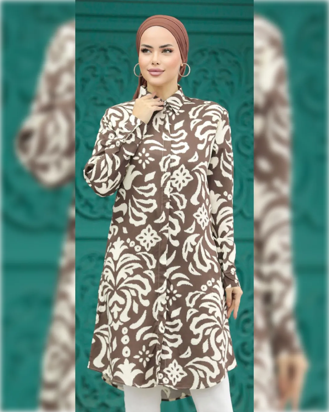 Lara Cotton - Long Tunic in Light Brown Shade with White prints قميص لارا القطني الصيفي الطويل باللون البني الفاتح و النقوش البيضاء الجميلة