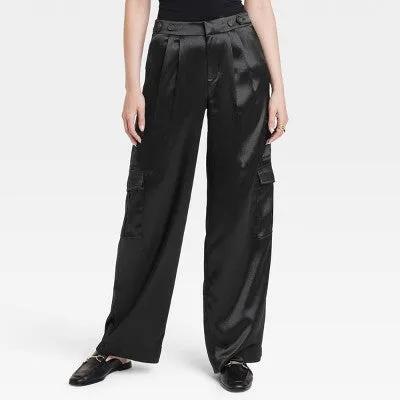 New - A New Day Women's Straight Relaxed High Rise Satin Cargo Pants Glossy