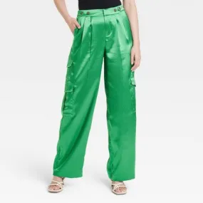 New - A New Day Women's Straight Relaxed High Rise Satin Cargo Pants Glossy