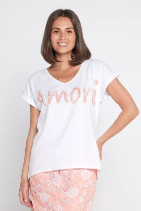 Print Motif V Neck Tee - White/Peach Paisley