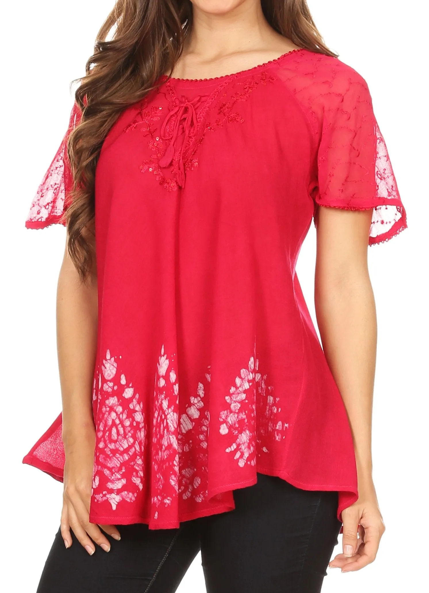 Sakkas Alberta Womens Short Sleeve Corset Blouse Top with Batik and Lace Sleeves