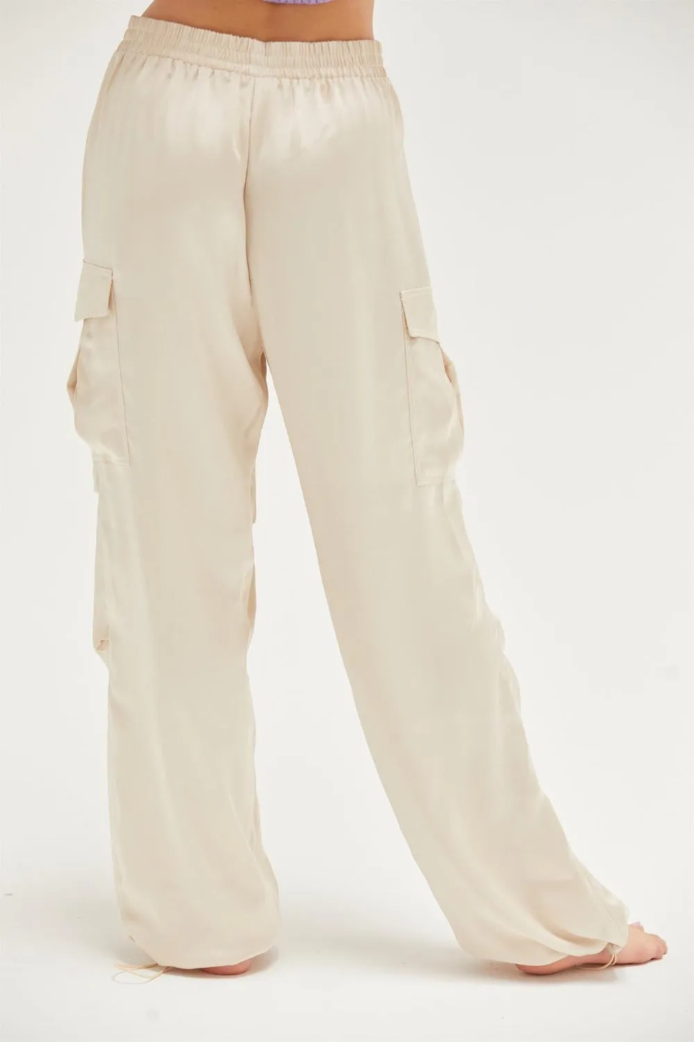 Satin Drawstring Hem Cargo Pants